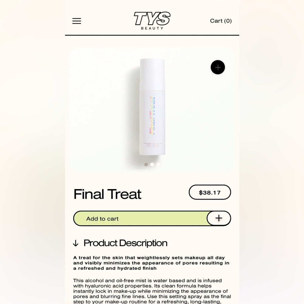 BNIB TYS BEAUTY FINAL TREAT HYALURONIC ACID INFUSED SETTING SPRAY
